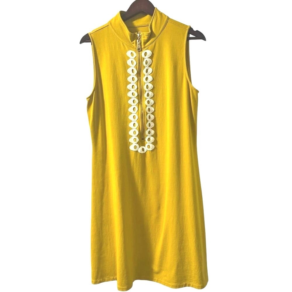 Spartina 449 Womens Yellow Sleeveless Mock Neck Eyelet Zip Shift Dress Large